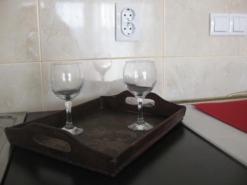 two wine glasses on a tray on a table at Apartment Bogdan in Banja Koviljača