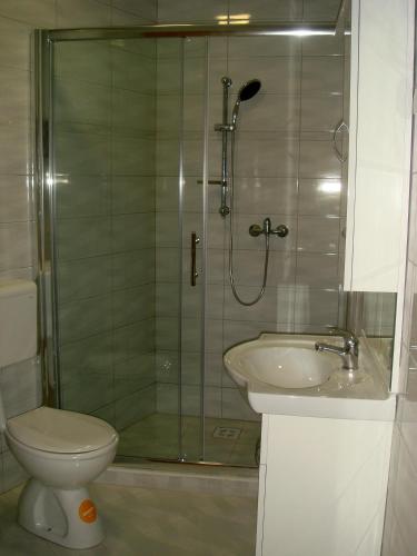 a bathroom with a shower and a toilet and a sink at Apartments Nik in Selce