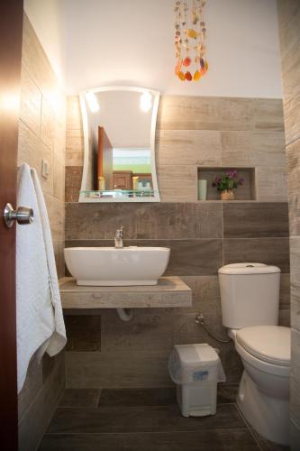 a bathroom with a sink and a toilet and a mirror at Filoxenia Studios in Vromolithos