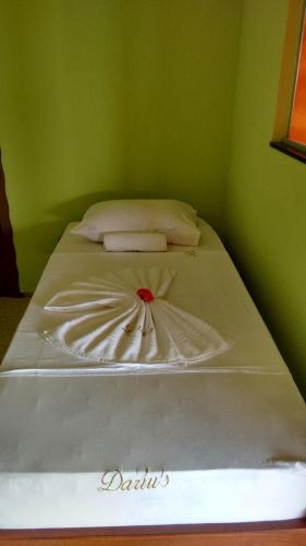 a bed in a room with a green wall at Dáriu's Pousada in Prea