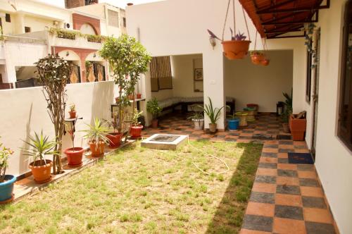 a courtyard with potted plants in a building at Pathik Niwas in Jaipur