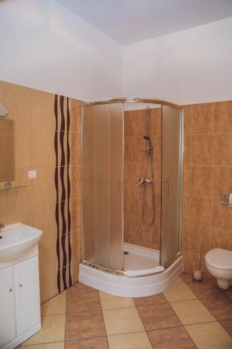 a bathroom with a shower and a toilet at Hotel Duet in Człuchów