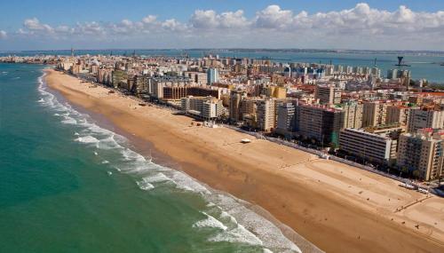 an aerial view of a beach with buildings and the ocean at Hotel Regio Cádiz in Cádiz