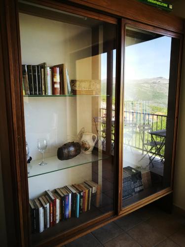 ein Bücherregal mit Büchern und ein Glasfenster in der Unterkunft Bacca Blu in Villa Santa Lucia degli Abruzzi