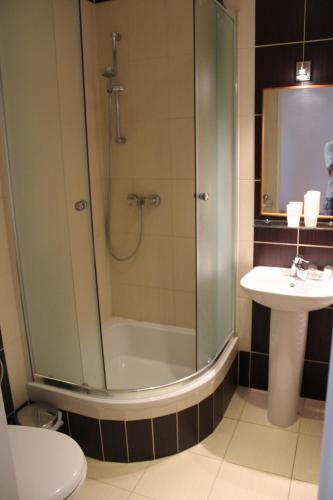 a bathroom with a shower and a sink at Chatisko in Košická Belá