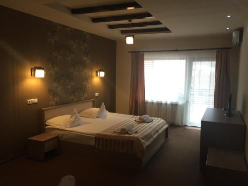a bedroom with a bed and a large window at Pensiunea JOJO in Băile Herculane