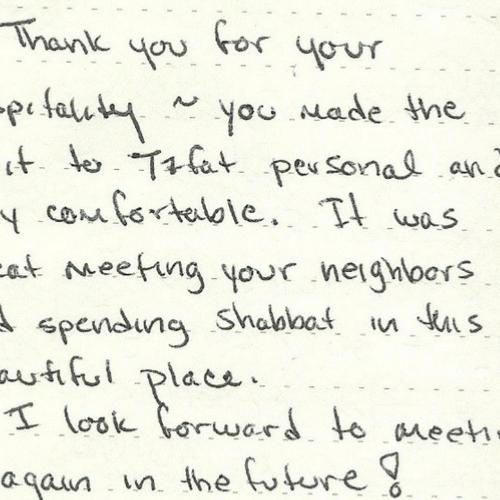 a letter to my mom thanking me for my handwriting at Myrtle the Turtle Guesthouse in Safed