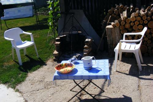 アバッザロークにあるÉva Vendégházのピクニックテーブル(フルーツボウル1杯、椅子2脚付)