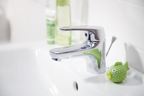 - un lavabo avec une grenouille verte assise à côté d'un robinet dans l'établissement Good Rooms GmbH Bad Ischl, à Bad Ischl