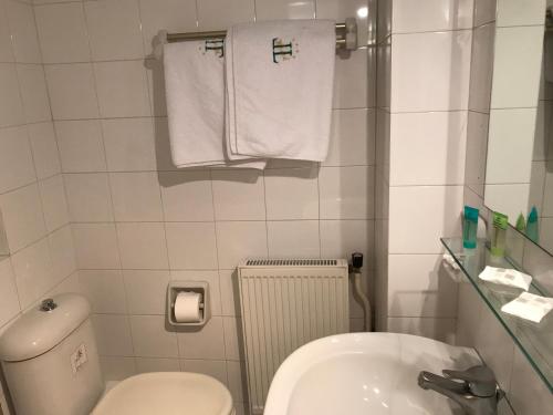 a small bathroom with a toilet and a sink at Hotel Levadia in Levádeia