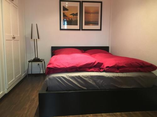 uma cama com almofadas vermelhas num quarto em Fewo Brasilia247 em Schönberg in Holstein