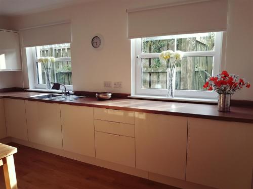 a kitchen with white cabinets and two windows with flowers at Yvi's 2Bedroom 2Bathroom Apartment in Inverurie