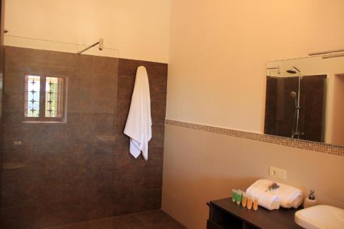 a bathroom with a shower and a sink and a mirror at Casa Vilda in Sant Mateu d’Albarca