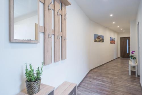 a hallway with white walls and a wooden floor at Čajkovskij Apartments Brno-jih in Brno