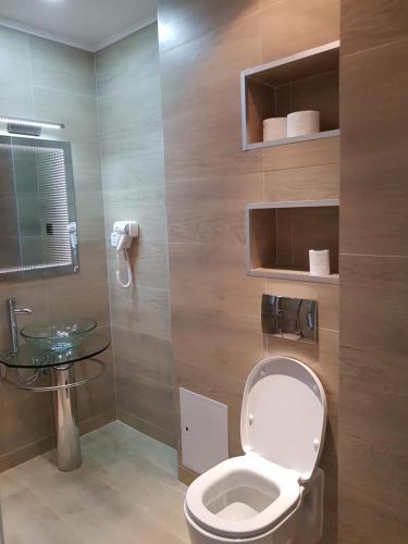 y baño con aseo y lavamanos. en Apartament Verde, en Cluj-Napoca