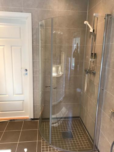 La salle de bains est pourvue d'une douche avec une porte en verre. dans l'établissement Guse gård, à Kvinesdal