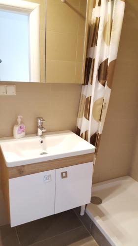 a bathroom with a white sink and a mirror at Privatzimmer Jarosch in Tulln