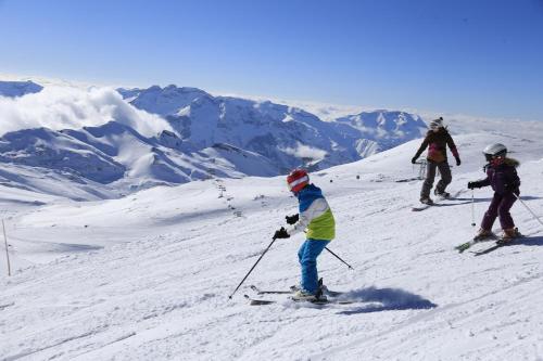 レ・デュー・アルプにあるVacanceole - Résidence Andromedeの雪面を滑り降りる三人組
