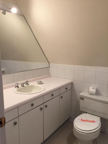 a bathroom with a sink and a toilet and a mirror at Hotel Apart Colón in Puerto Montt