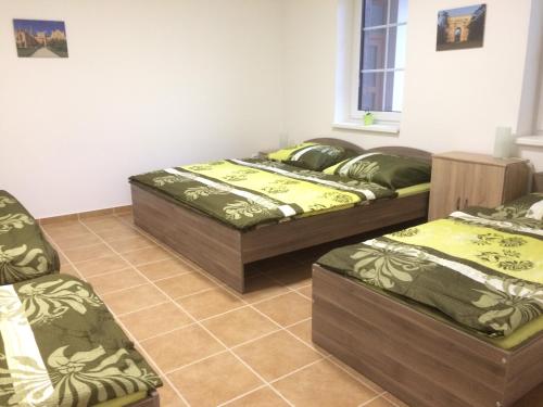 Pokój z 3 łóżkami i krzesłem w obiekcie Apartmány U Jakuba w mieście Lednice