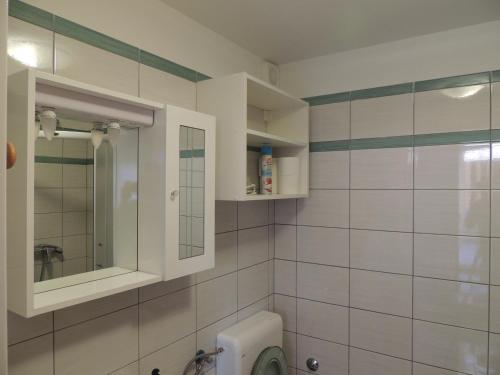 a bathroom with a sink and a mirror and a urinal at Apartments Palma in Labin