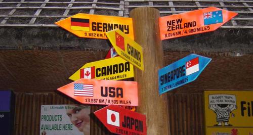 a bunch of street signs on a wooden pole at Villa Sunset Boracay in Boracay