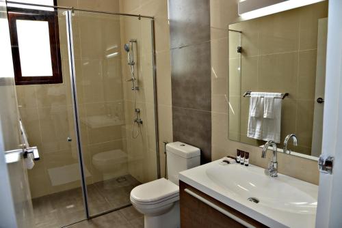 y baño con aseo, lavabo y ducha. en Kingsford Residences en Nuwara Eliya