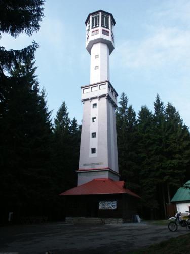 a lighthouse with a balcony on top of it at Chata Javorina in Javorník