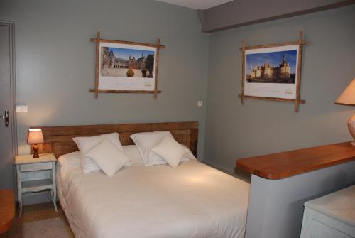 um quarto com uma cama e duas fotografias na parede em Chambres La Vallée em Salbris
