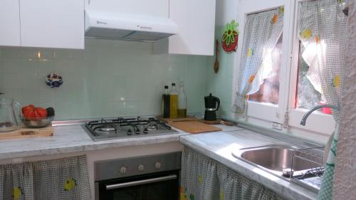 uma cozinha com um lavatório e um fogão em La Caseta del Port em Alfara de Carles