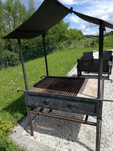 a bed with a canopy on top of it at Das Deutz in Oberaichwald