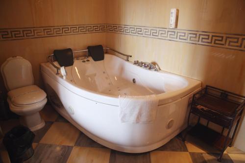 a white bath tub in a bathroom with a toilet at Hotel Millenium in Bitola