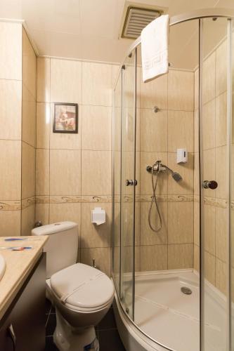 a bathroom with a shower and a toilet and a sink at Pensiunea Sun-Reno in Băile Herculane