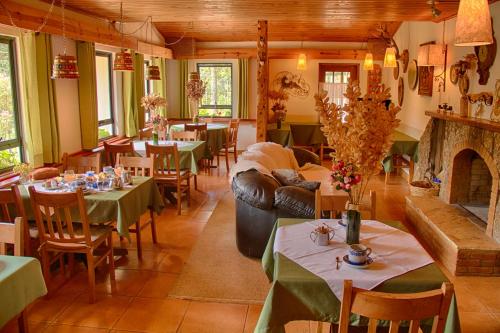 卡曼杜卡亞的住宿－Estalagem Tronador，一间带桌椅和壁炉的餐厅