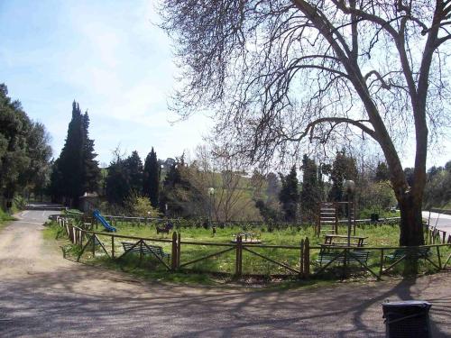 a wooden fence next to a park with a tree at Casa Bella Vista in Pereta