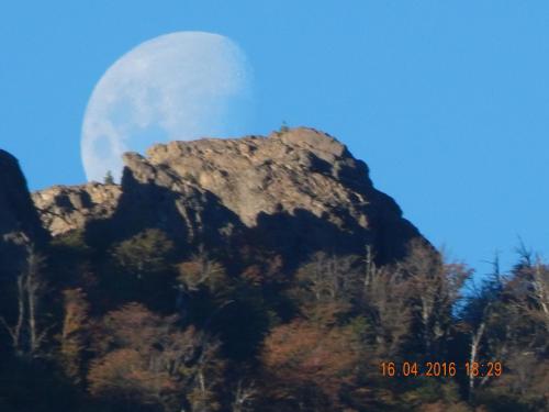 a half moon over a mountain with trees at Cabañas Wenuray in Villa Meliquina