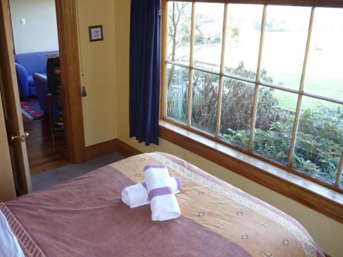 a bedroom with a bed with towels on it at Hilltop Accommodation Catlins in Papatowai