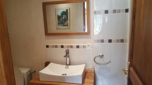 une salle de bain avec un lavabo et un réfrigérateur dans l'établissement Gîte Ti-Case, à Bussac-Forêt