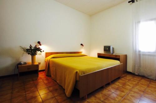 モンテッキオ・マッジョーレにあるAlbergo Ristorante Giulietta e Romeoのベッドルーム(黄色いベッド1台、テレビ付)