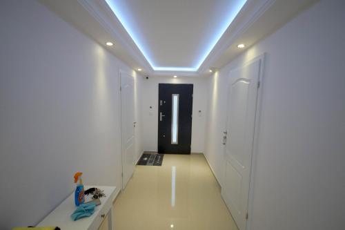 a hallway with white walls and a blue ceiling at Pension / Zimmervermietung Wasbek in Wasbek