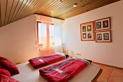 ユーバーリンゲンにあるFerienwohnung mit Seeblick und Dachterrasse in Überlingenのベッドルーム1室(赤い枕のベッド2台付)