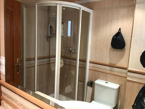 eine Glasdusche im Bad mit WC in der Unterkunft Apartamento Turistico Loyola in Benidorm