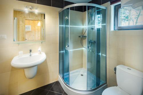 a bathroom with a shower and a toilet and a sink at Słoneczny Ogród in Władysławowo