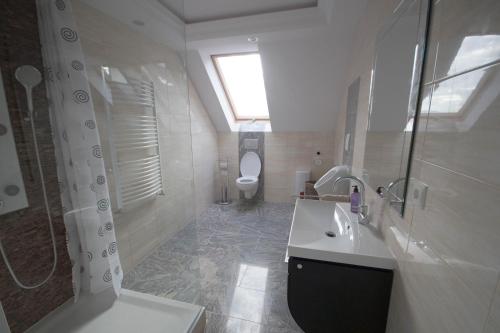 a bathroom with a sink and a shower and a toilet at Pension / Zimmervermietung Wasbek in Wasbek