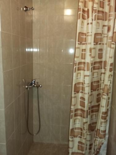 a bathroom with a shower with a shower curtain at Pensiunea Casa Szabi in Luna de Sus