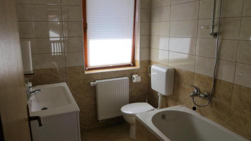 a bathroom with a toilet and a sink and a tub at Holiday House Kanalec in Drežnica