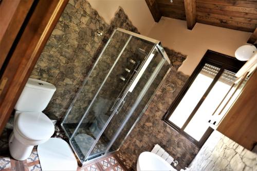 een badkamer met toilet en glazen douche bij Casa Rural El Bonito in Cazalla de la Sierra