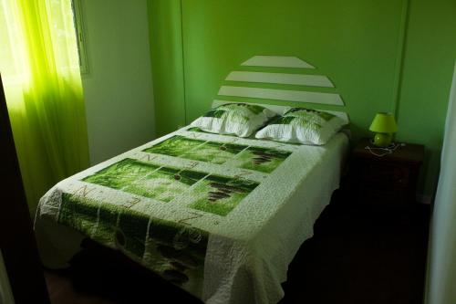 - une chambre dotée d'un lit avec un mur vert dans l'établissement Gites de la falaise, à Le Tampon