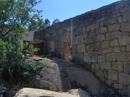 an old stone wall with a tree next to it at Casas Vale Martinho in Santa Comba Dão