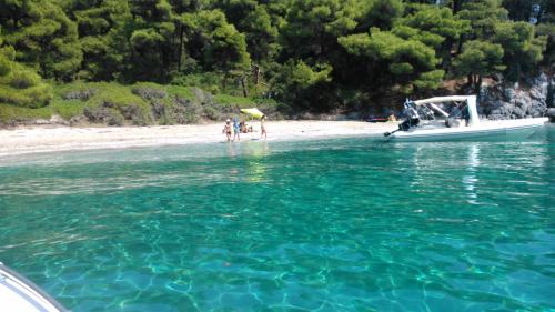 a group of people standing on a beach next to a boat at Lina A & M in Neo Klima